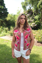 Beige Velvet Geborduurd Gilet