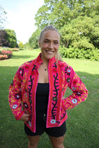Roze Velvet Geborduurde Jas
