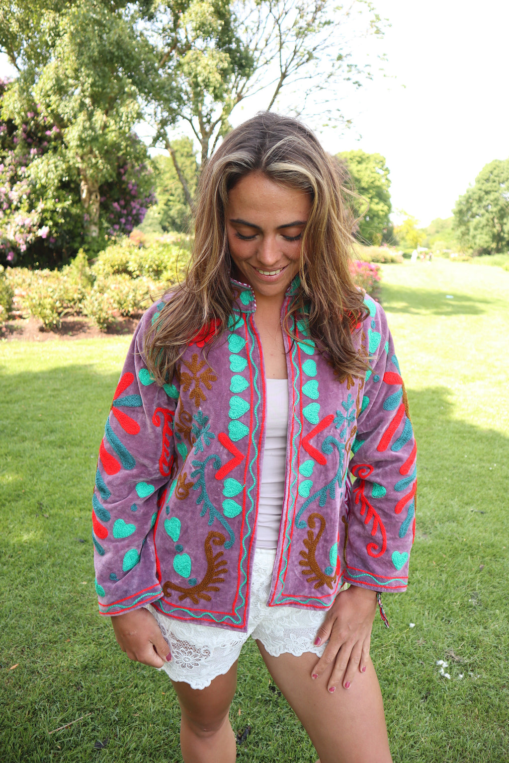 Lila Velvet Geborduurde Jas