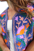 Blauw Velvet Geborduurd Gilet
