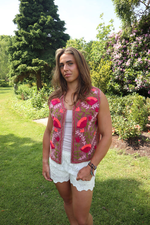 Beige Velvet Geborduurd Gilet