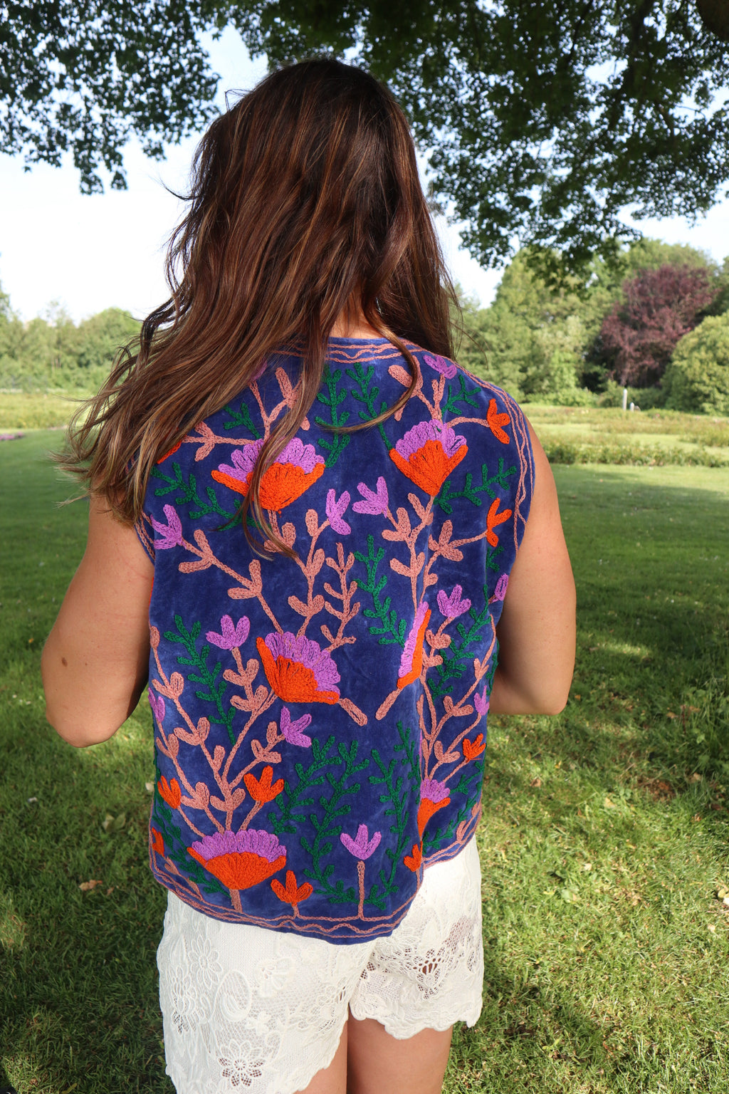Blauw Velvet Geborduurd Gilet