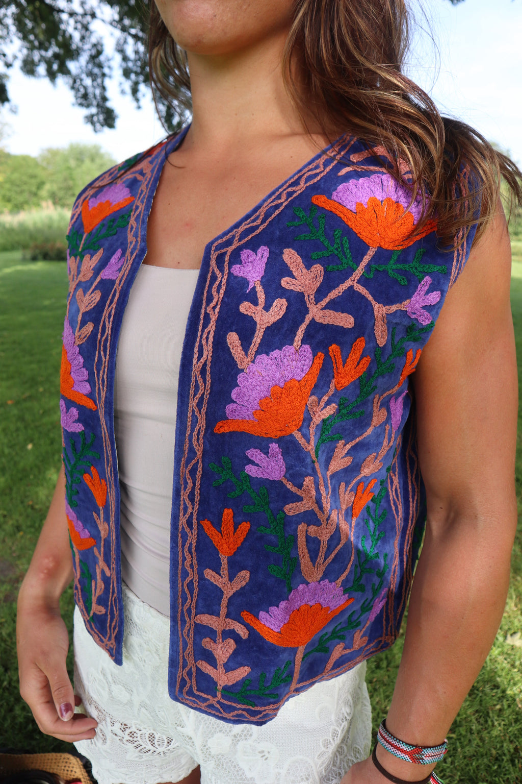 Blauw Velvet Geborduurd Gilet