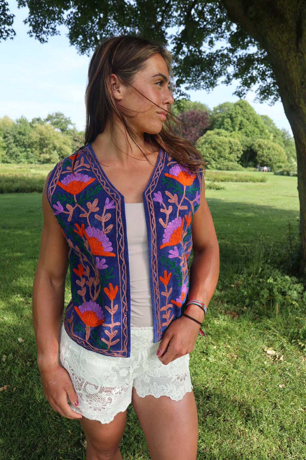 Blauw Velvet Geborduurd Gilet