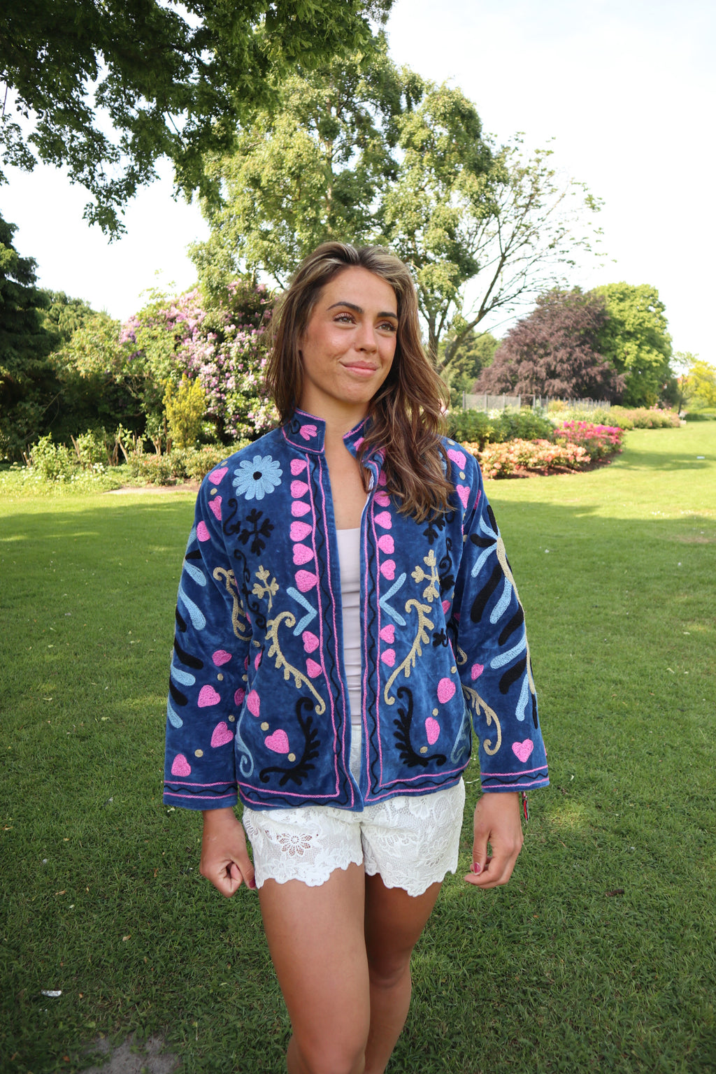 Blauwe Velvet Geborduurde Jas