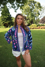 Blauwe Velvet Geborduurde Jas