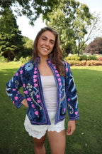 Blauwe Velvet Geborduurde Jas