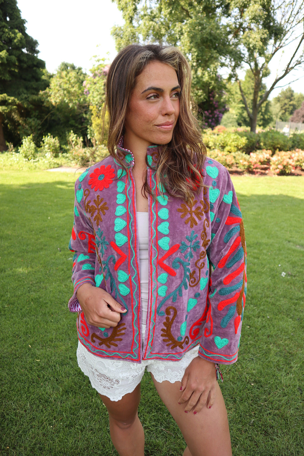 Lila Velvet Geborduurde Jas