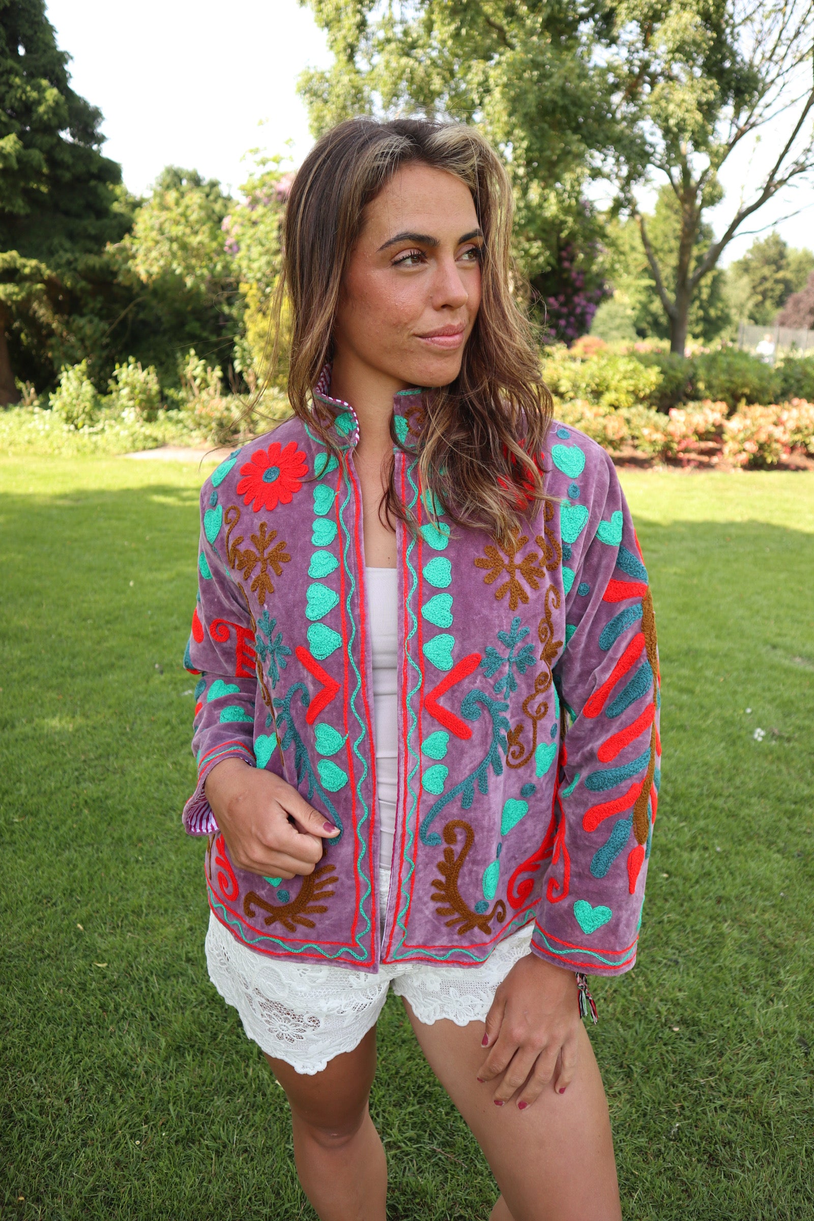 Lila Velvet Geborduurde Jas