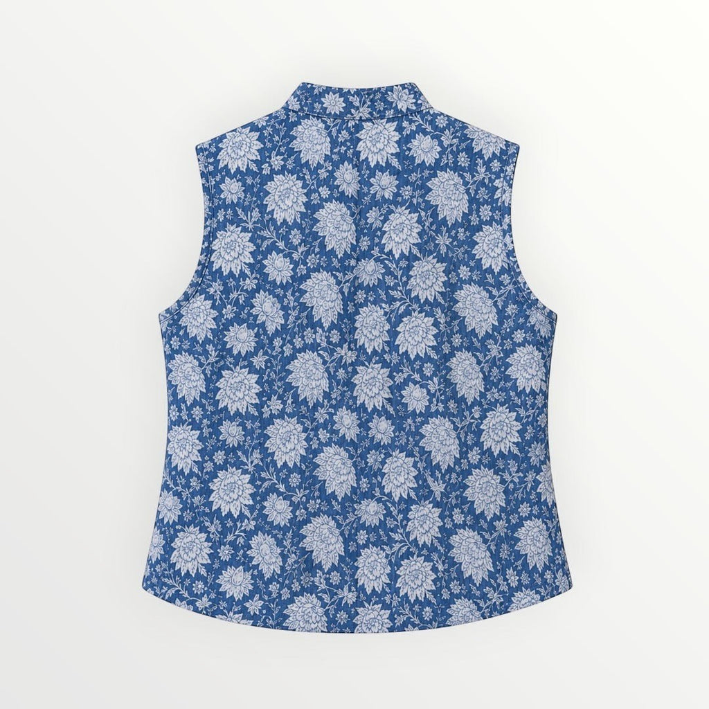 BUÍS STUDIO blue reversible cotton floral print vest with collar and pockets. Bohemian style.