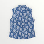 BUÍS STUDIO blue reversible cotton floral print vest with collar and pockets. Bohemian style.