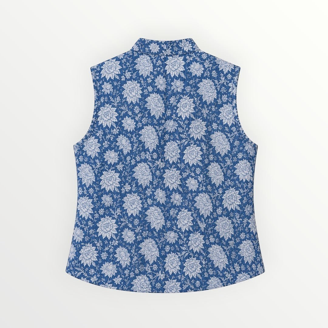 BUÍS STUDIO blue reversible cotton floral print vest with collar and pockets. Bohemian style.