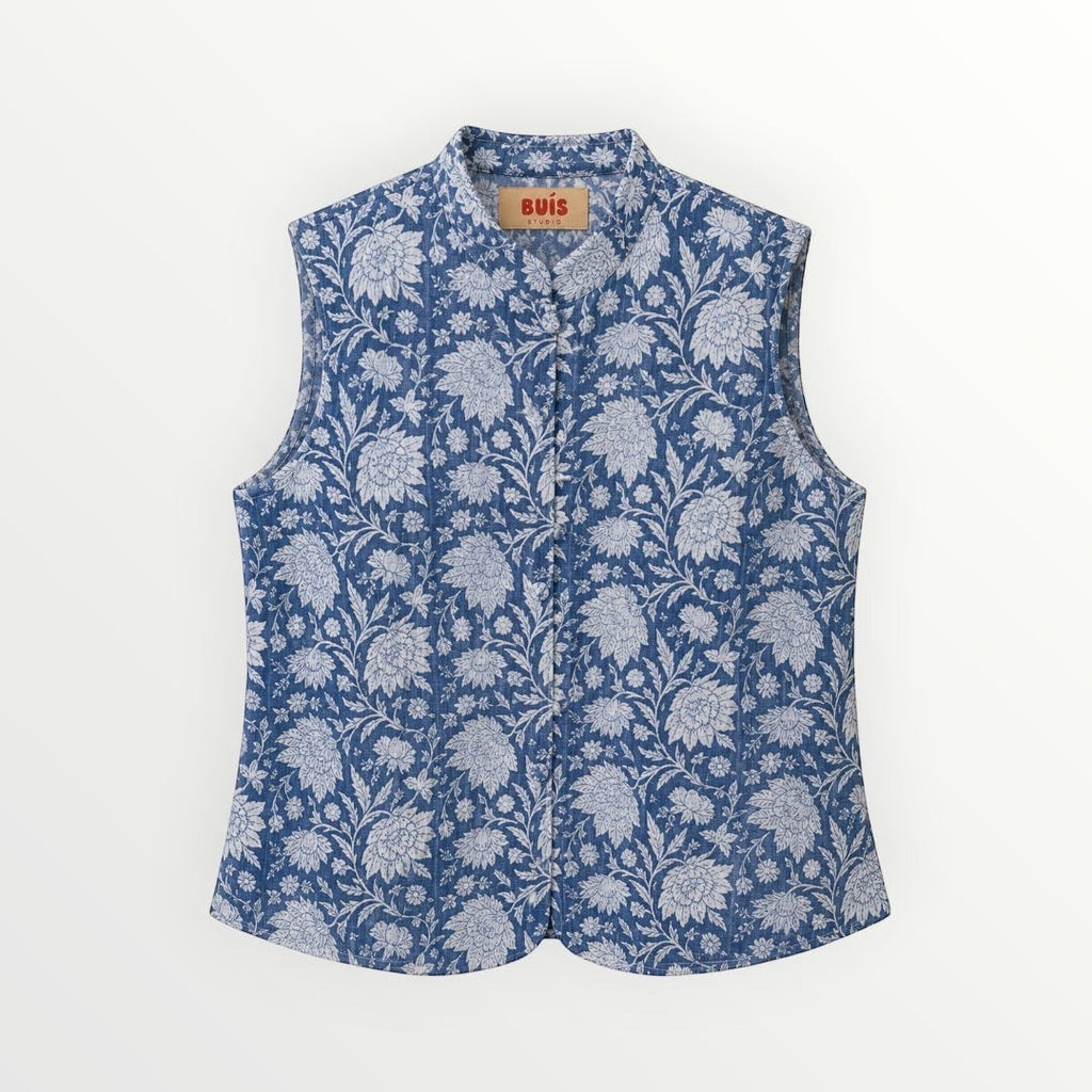 BUÍS STUDIO blue reversible cotton vest with white floral print and mandarin collar