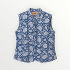 BUÍS STUDIO blue reversible cotton vest with white floral print and mandarin collar