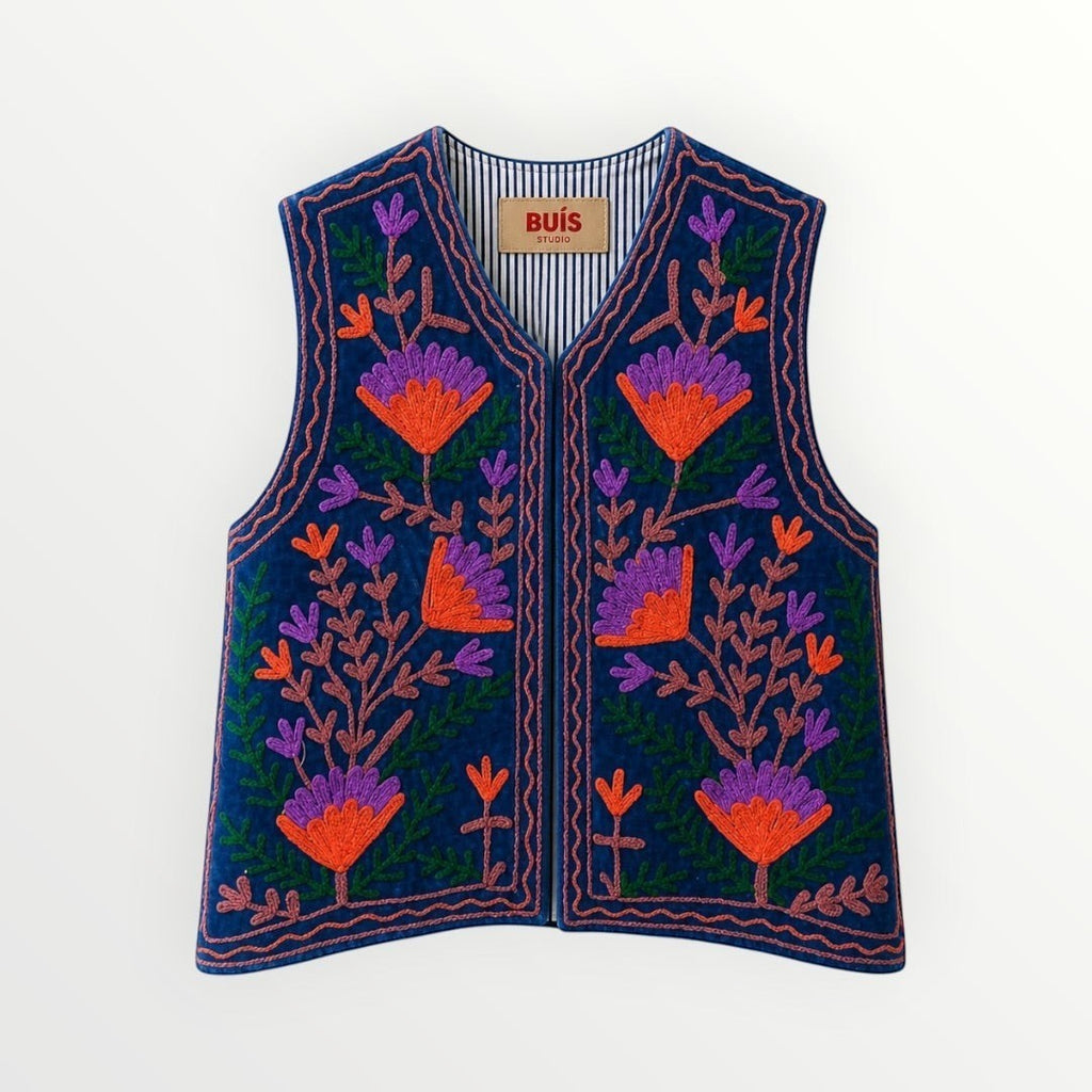 BUÍS STUDIO blue velvet vest with colorful floral embroidery and striped lining. Bohemian style.