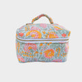 BUÍS STUDIO mint green quilted makeup bag with a colorful floral print and a top handle.