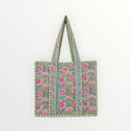 BUÍS STUDIO mint green cotton tote bag with pink floral print and striped handles. Bohemian style shopper.