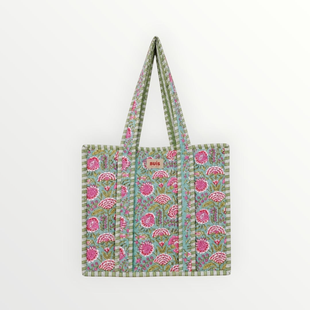 BUÍS STUDIO mint green cotton tote bag with pink floral print and striped handles. Bohemian style shopper.