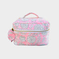 BUÍS STUDIO pink quilted makeup bag with white floral print and gold zipper. Features a top handle and a side tassel.