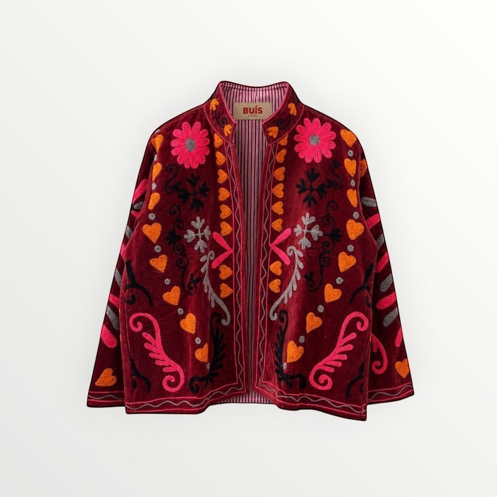 BUÍS STUDIO red velvet jacket with colorful floral and heart embroidery, bohemian style.