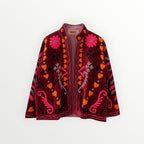 BUÍS STUDIO red velvet jacket with colorful floral and heart embroidery, bohemian style.
