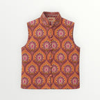 BUÍS STUDIO orange, pink, and purple reversible cotton vest with ornate floral pattern and mandarin collar.