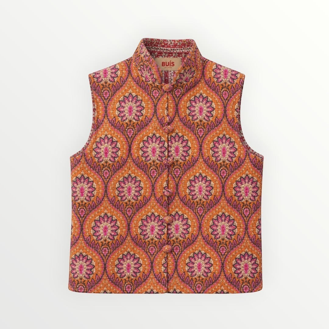 BUÍS STUDIO orange, pink, and purple reversible cotton vest with ornate floral pattern and mandarin collar.