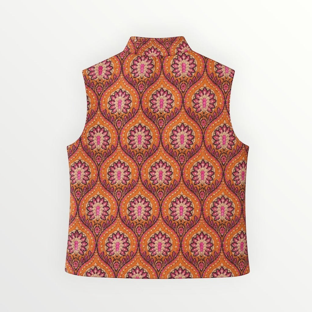BUÍS STUDIO reversible cotton vest with orange, pink, and purple floral print. Sleeveless, stand collar, and pockets.