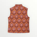 BUÍS STUDIO reversible cotton vest with orange, pink, and purple floral print. Sleeveless, stand collar, and pockets.