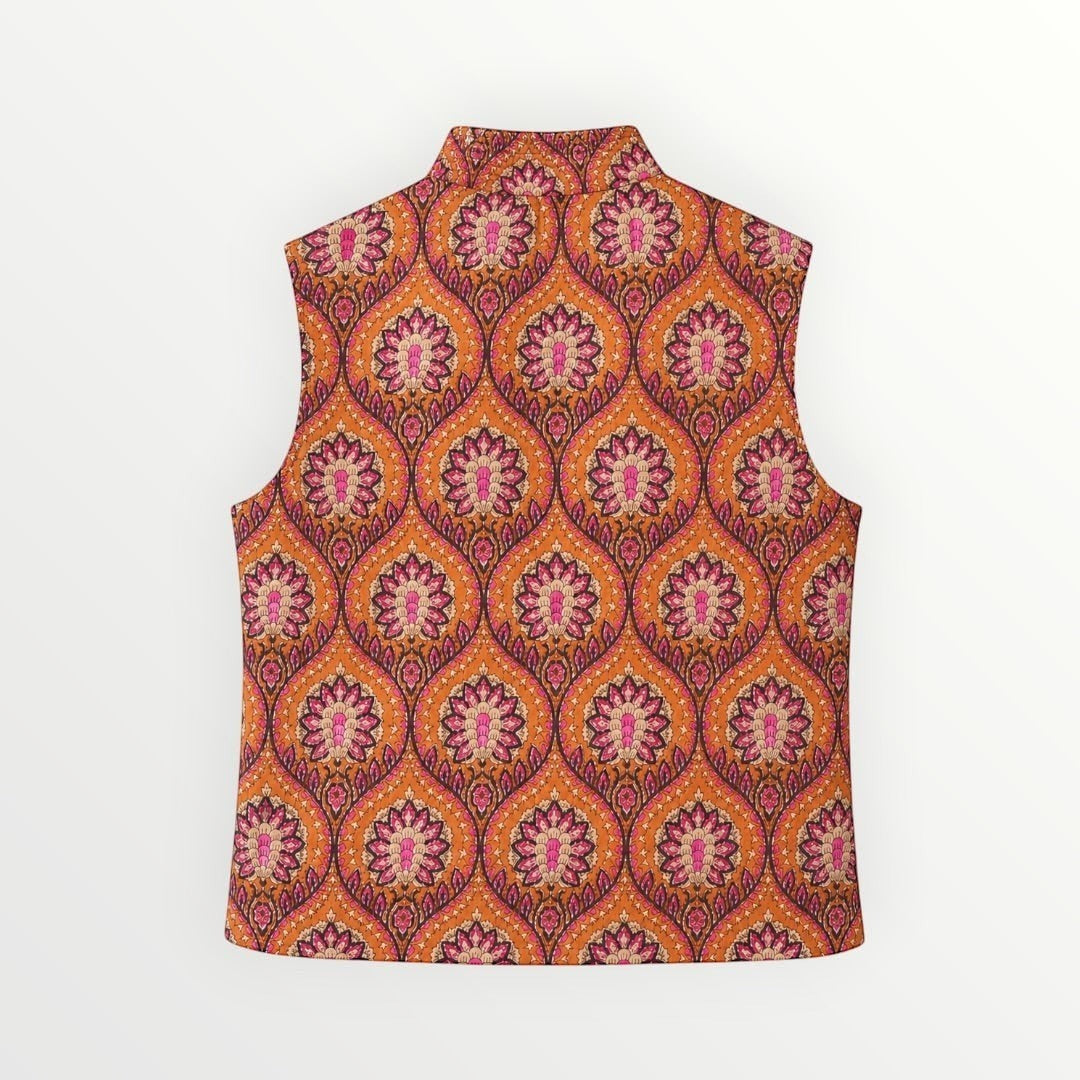 BUÍS STUDIO reversible cotton vest with orange, pink, and purple floral print. Sleeveless, stand collar, and pockets.