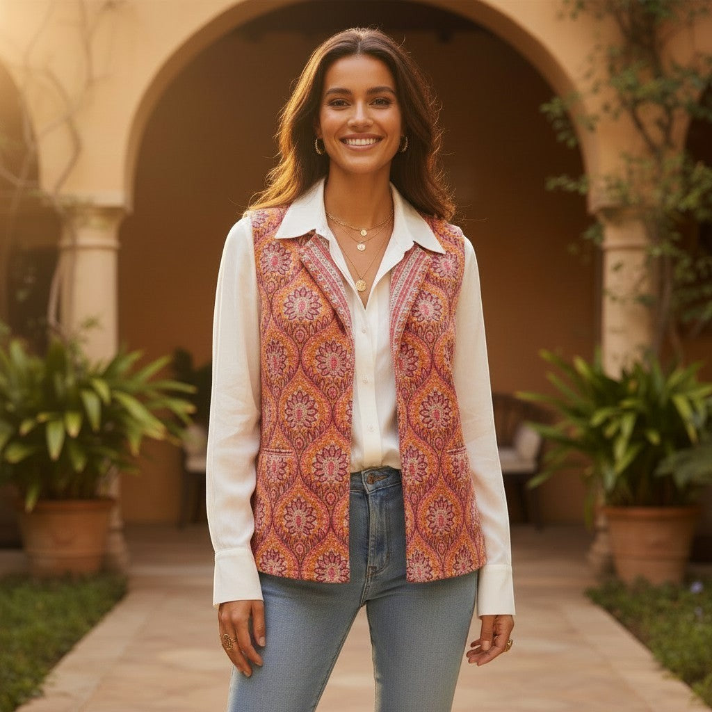BUÍS STUDIO women's reversible cotton vest in pink, orange, and purple paisley print. Sleeveless, collared, with pockets.
