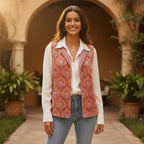 BUÍS STUDIO women's reversible cotton vest in pink, orange, and purple paisley print. Sleeveless, collared, with pockets.