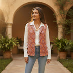 BUÍS STUDIO reversible cotton vest with pink, orange, and purple print, featuring pockets and a bohemian style.