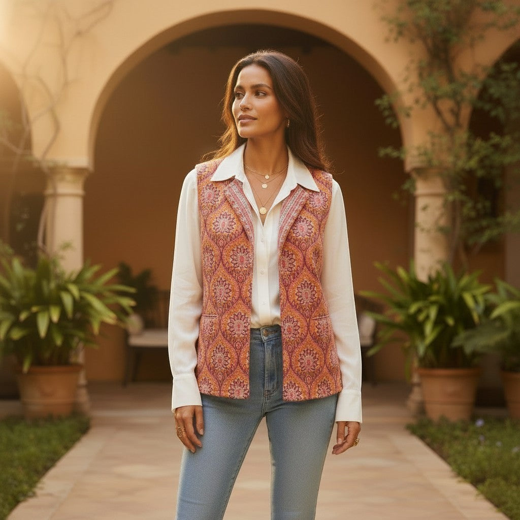 BUÍS STUDIO reversible cotton vest with pink, orange, and purple print, featuring pockets and a bohemian style.