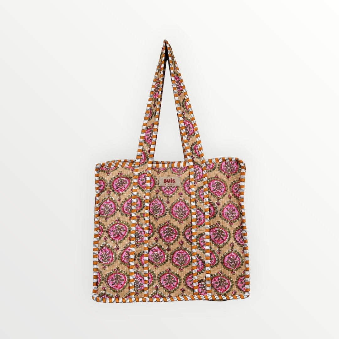 BUÍS STUDIO tote bag with a vintage-inspired print in beige, pink, and orange. Made of cotton with sturdy handles.